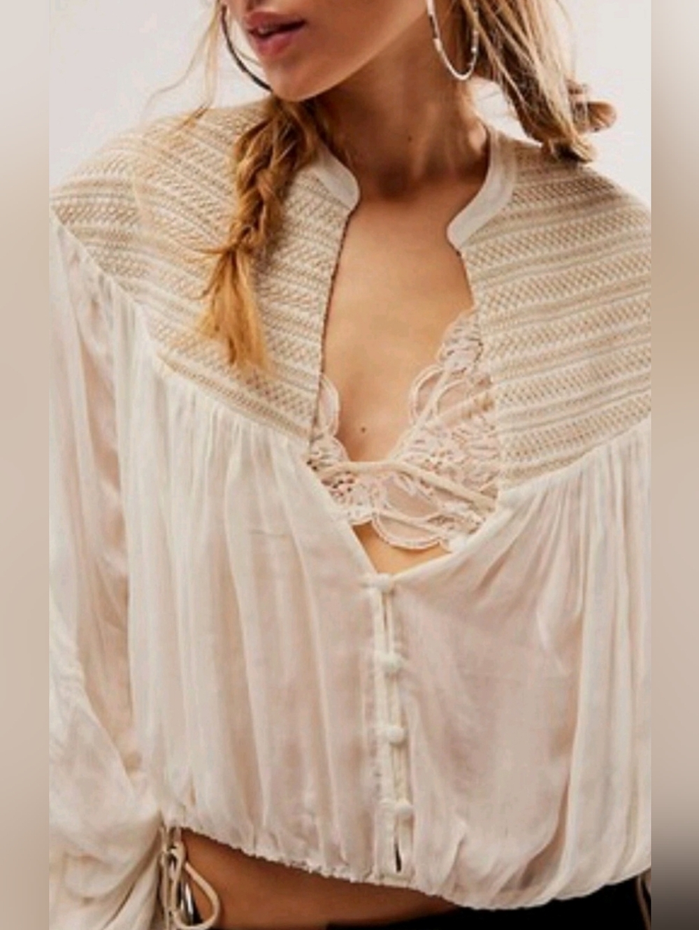 Free People Off White Draped Sleeve Button Front Embroidered Size Xs New WithTag